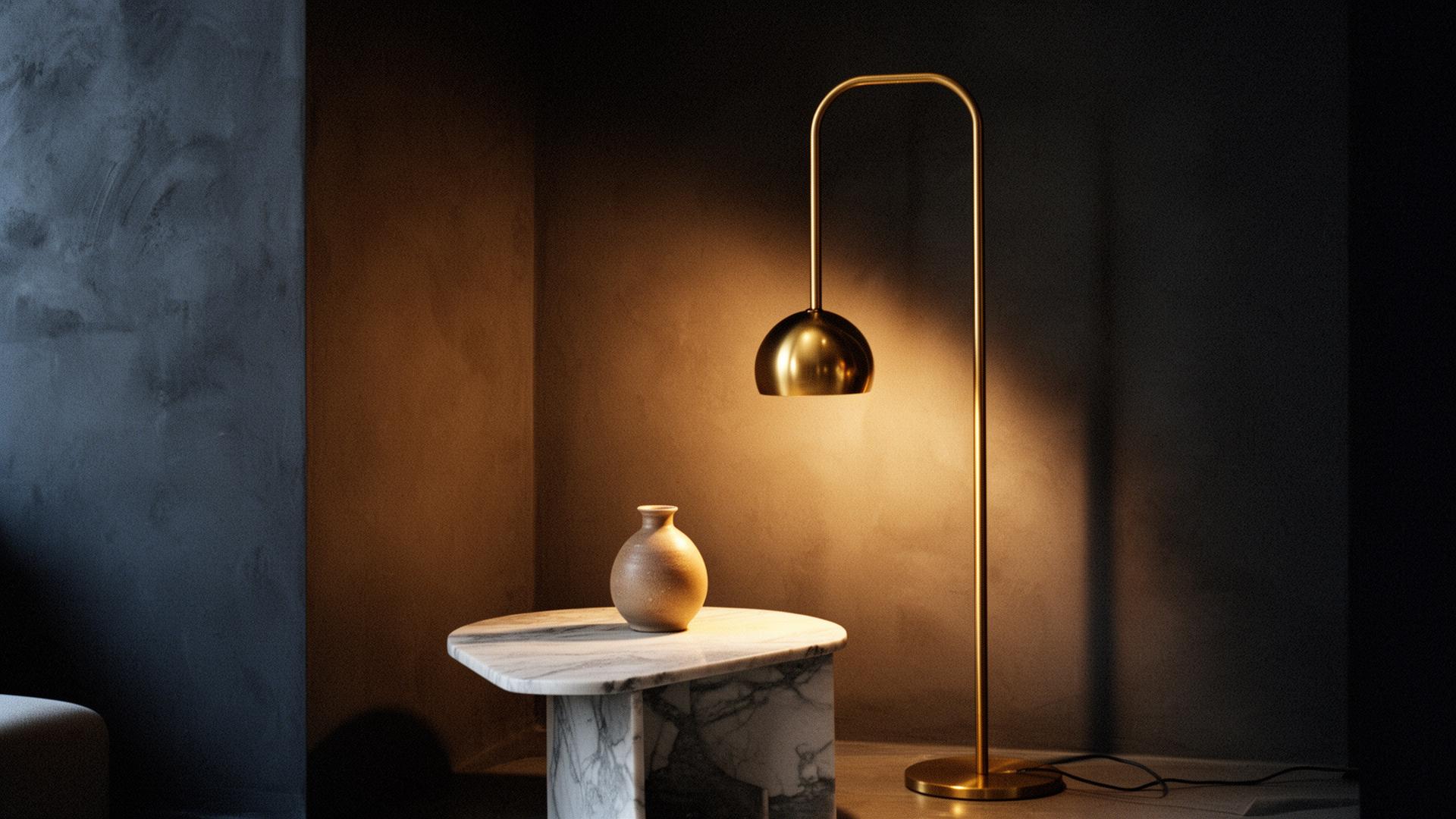 Sculpturale brons staande lamp tegen donkere pleisterwand