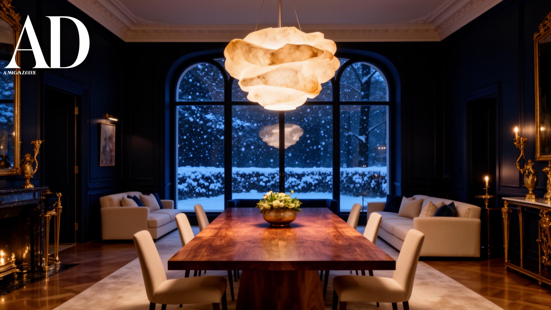 Eetkamer met alabast hanglamp en sneeuw door arched window